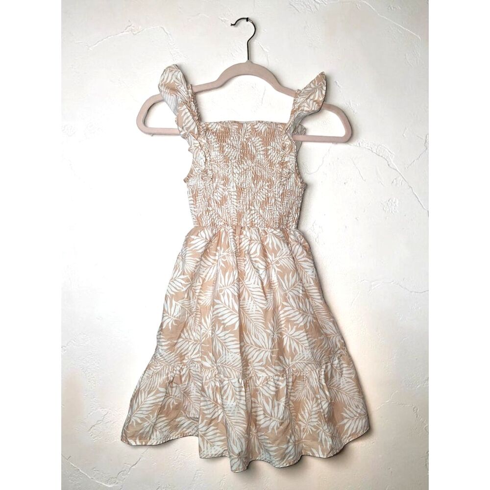 Btween Girls Tan Beige Tropical Palm Smocked Ruffle Strap Sundress Size 10